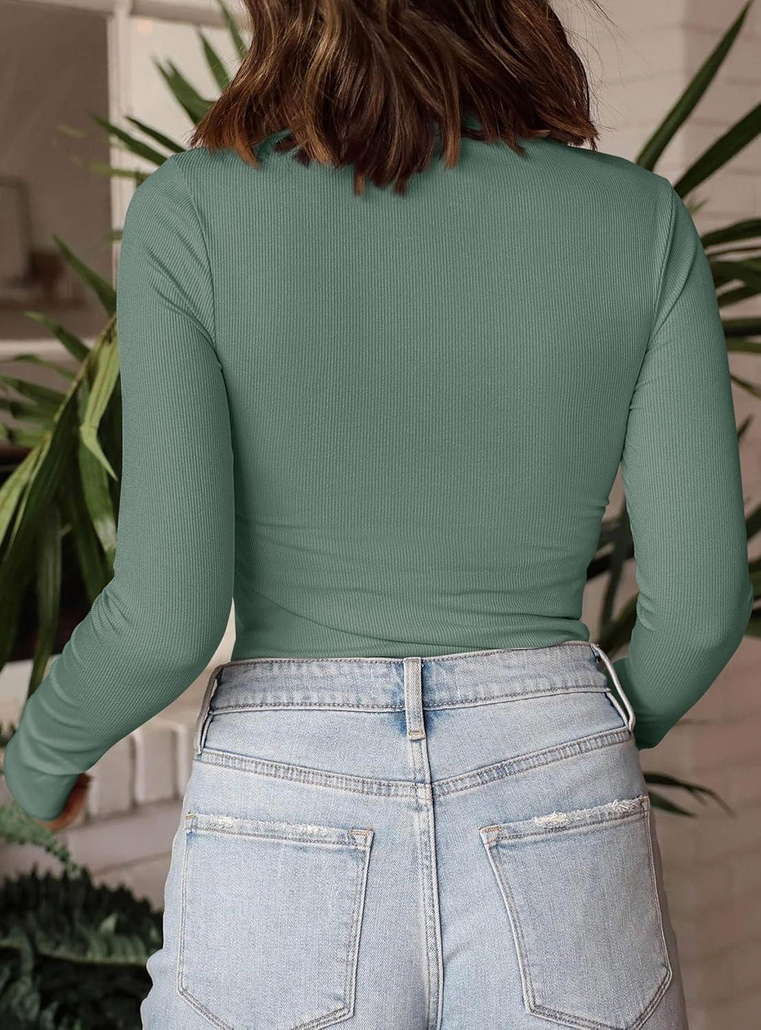 imagePRETTYGARDEN Womens Turtleneck Long Sleeve Shirts 2025 Fall Basic Tees Ribbed Fitted Tops Thermal Layering Knit Top ClothesGrey Green