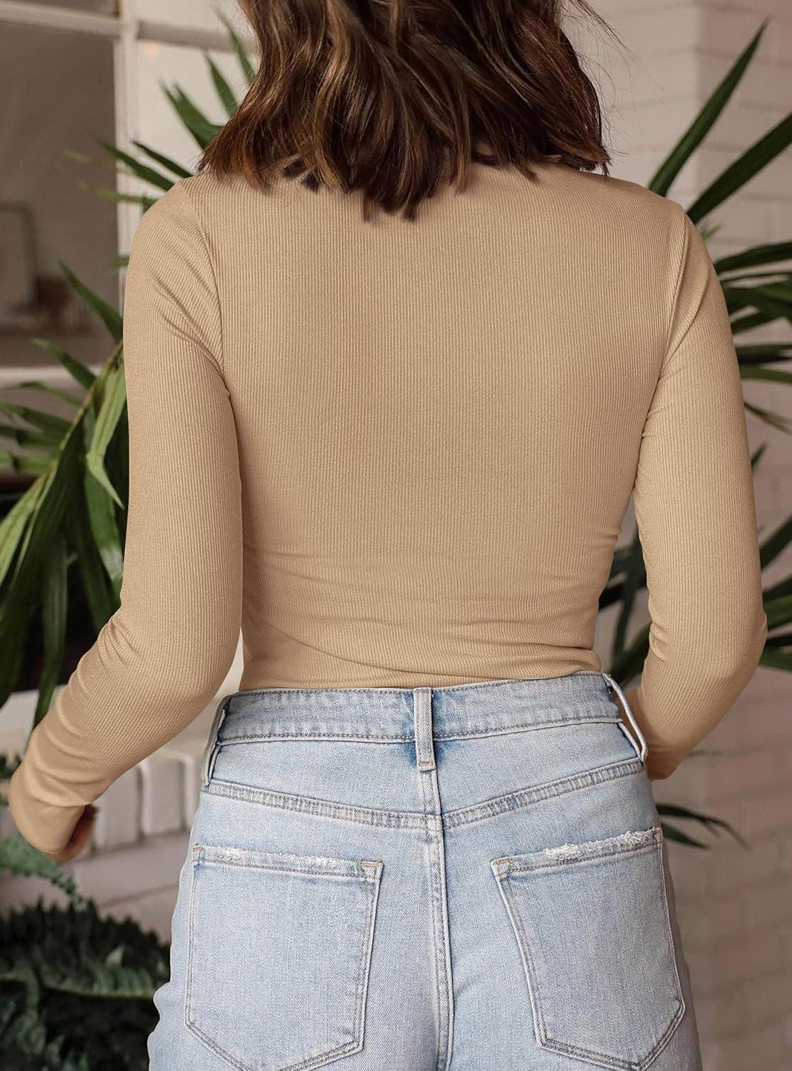 imagePRETTYGARDEN Womens Turtleneck Long Sleeve Shirts 2025 Fall Basic Tees Ribbed Fitted Tops Thermal Layering Knit Top ClothesKhaki