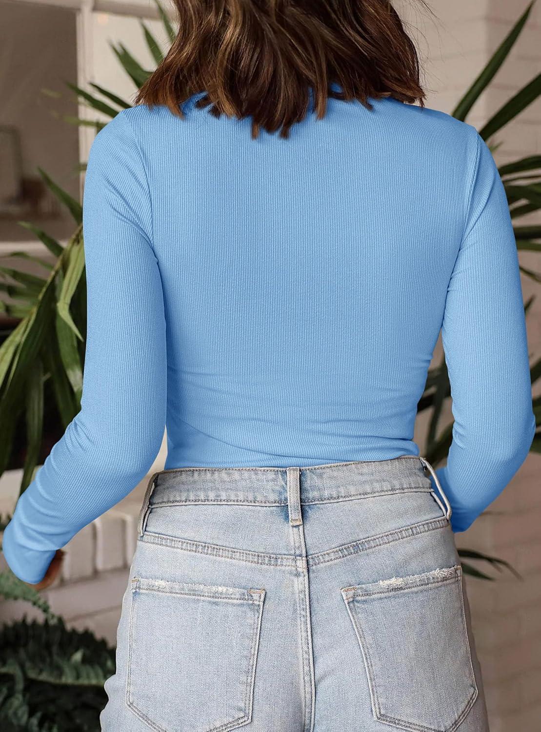 imagePRETTYGARDEN Womens Turtleneck Long Sleeve Shirts 2025 Fall Basic Tees Ribbed Fitted Tops Thermal Layering Knit Top ClothesLight Blue