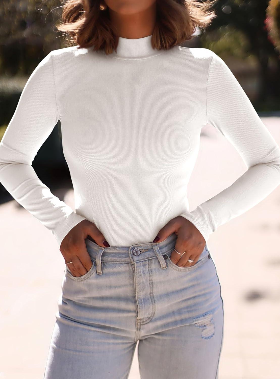 imagePRETTYGARDEN Womens Turtleneck Long Sleeve Shirts 2025 Fall Basic Tees Ribbed Fitted Tops Thermal Layering Knit Top ClothesWhite