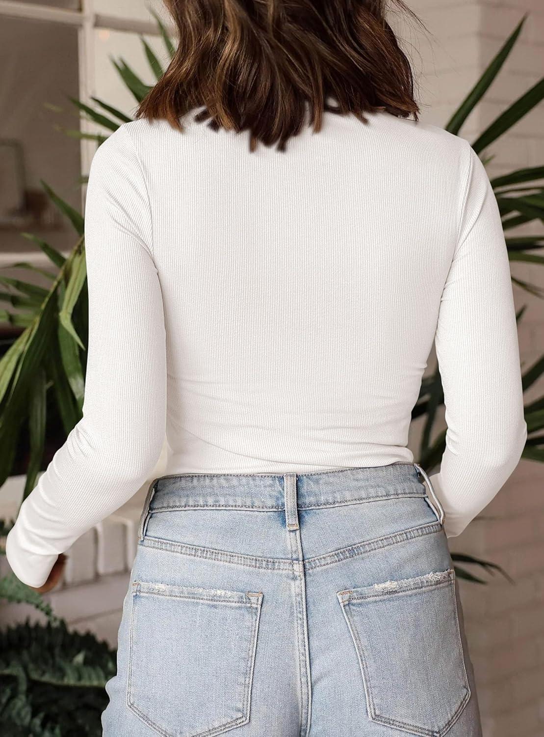 imagePRETTYGARDEN Womens Turtleneck Long Sleeve Shirts 2025 Fall Basic Tees Ribbed Fitted Tops Thermal Layering Knit Top ClothesWhite