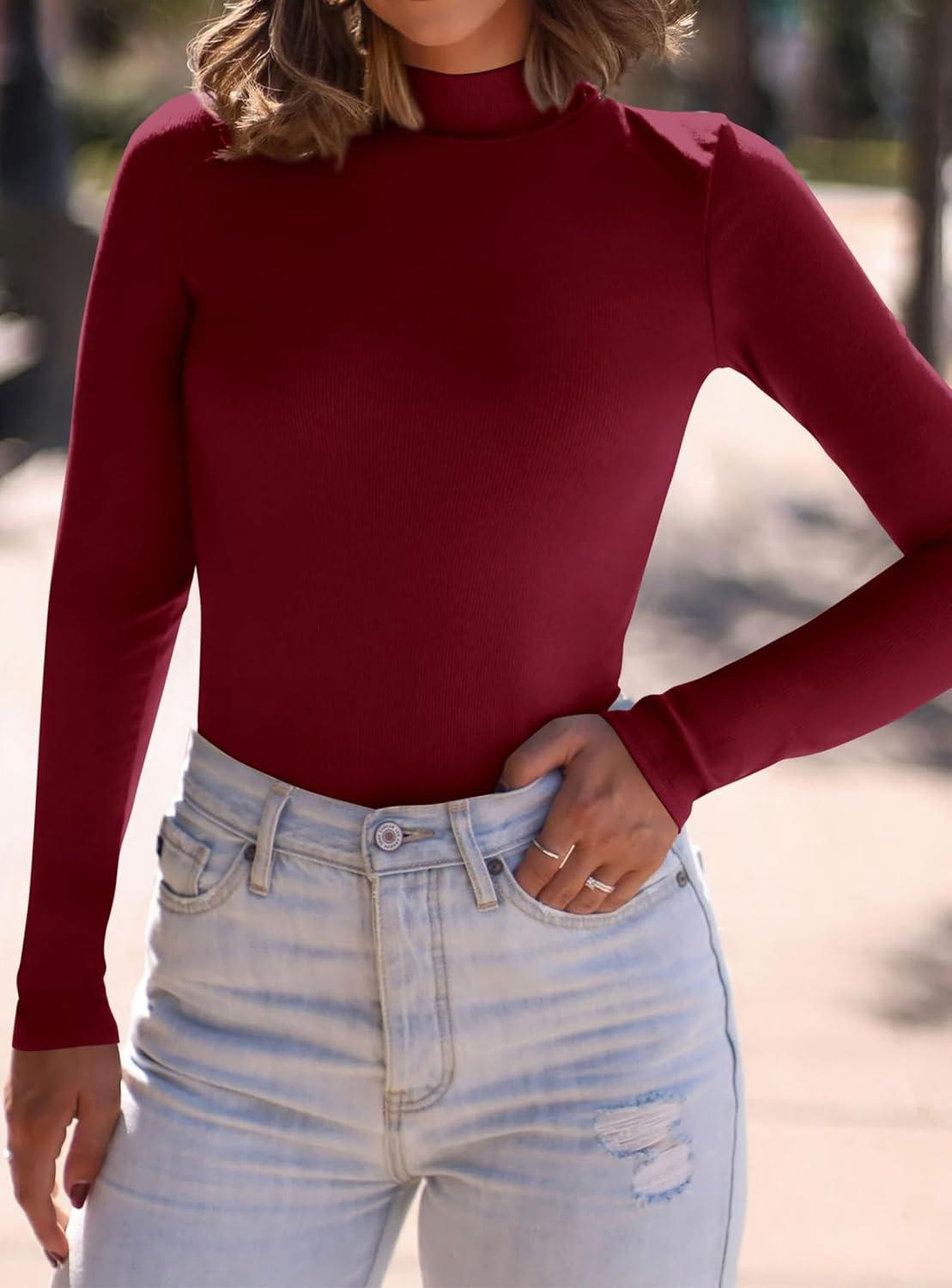 imagePRETTYGARDEN Womens Turtleneck Long Sleeve Shirts 2025 Fall Basic Tees Ribbed Fitted Tops Thermal Layering Knit Top ClothesWine Red
