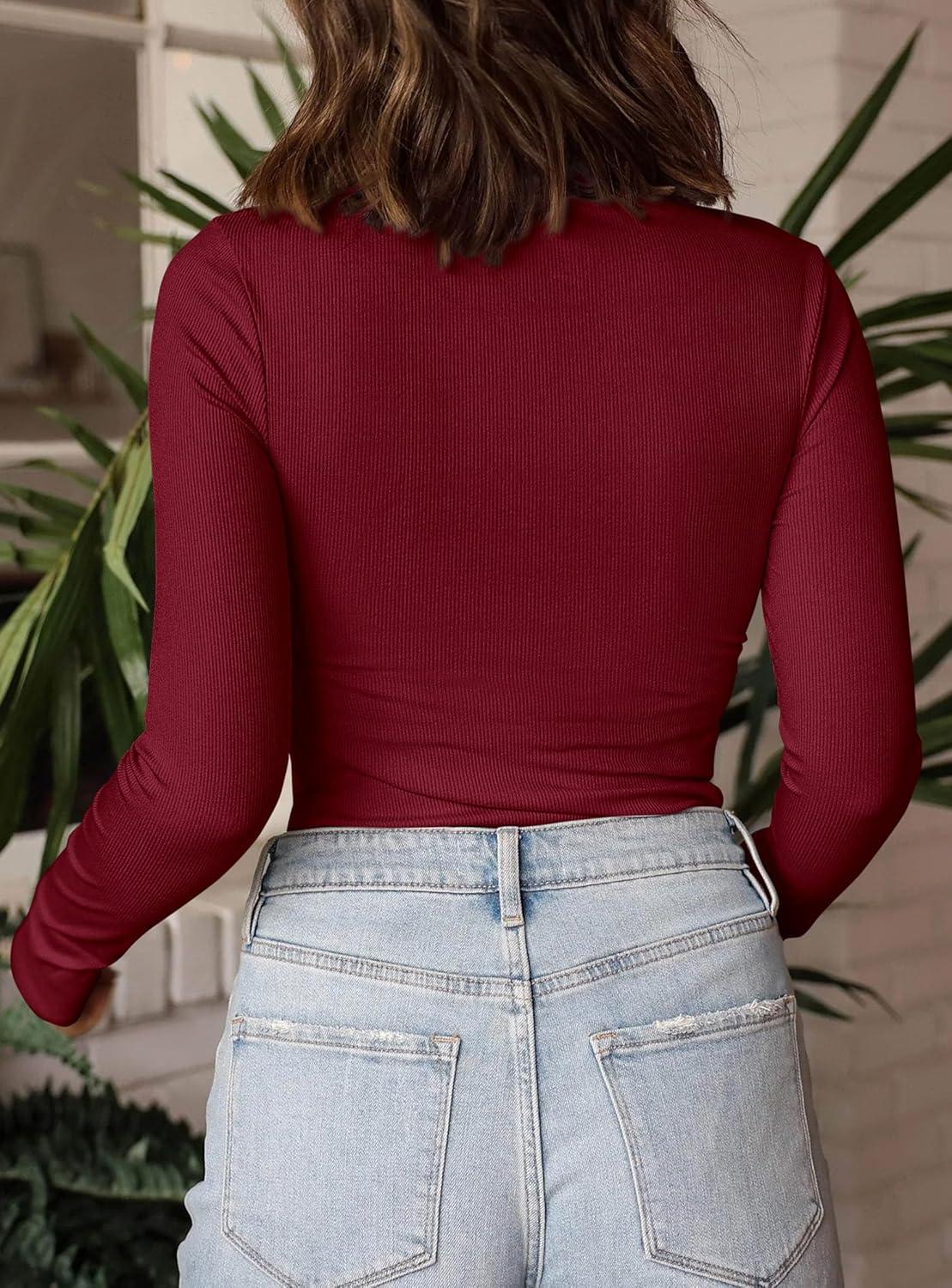 imagePRETTYGARDEN Womens Turtleneck Long Sleeve Shirts 2025 Fall Basic Tees Ribbed Fitted Tops Thermal Layering Knit Top ClothesWine Red