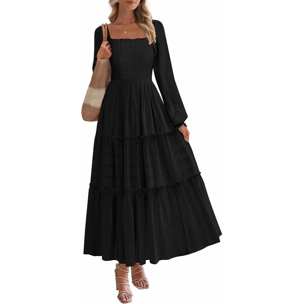 imagePRETTYGARDEN Fall Dresses for Women 2025 Casual Long Sleeve Smocked Ruffle Flowy Elegant Wedding Guest Maxi Dress PocketsBlack