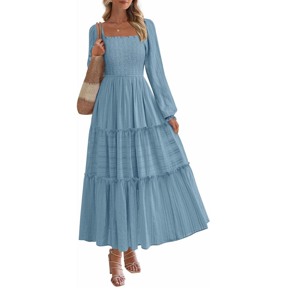 imagePRETTYGARDEN Fall Dresses for Women 2025 Casual Long Sleeve Smocked Ruffle Flowy Elegant Wedding Guest Maxi Dress PocketsDusty Blue