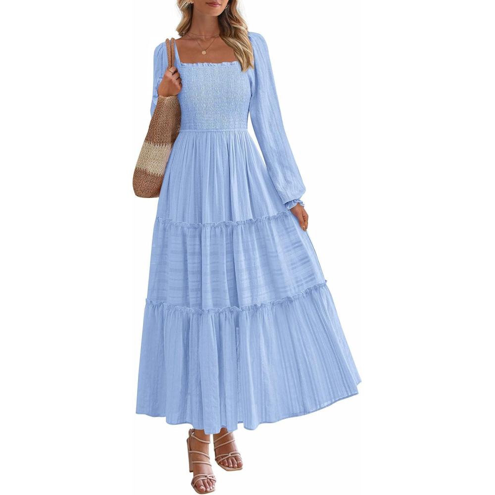 imagePRETTYGARDEN Fall Dresses for Women 2025 Casual Long Sleeve Smocked Ruffle Flowy Elegant Wedding Guest Maxi Dress PocketsLight Blue