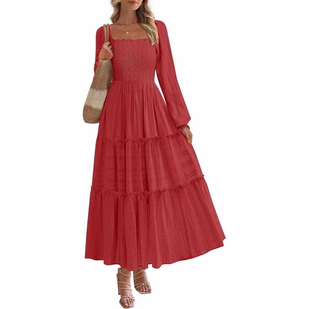 imagePRETTYGARDEN Fall Dresses for Women 2025 Casual Long Sleeve Smocked Ruffle Flowy Elegant Wedding Guest Maxi Dress PocketsRed