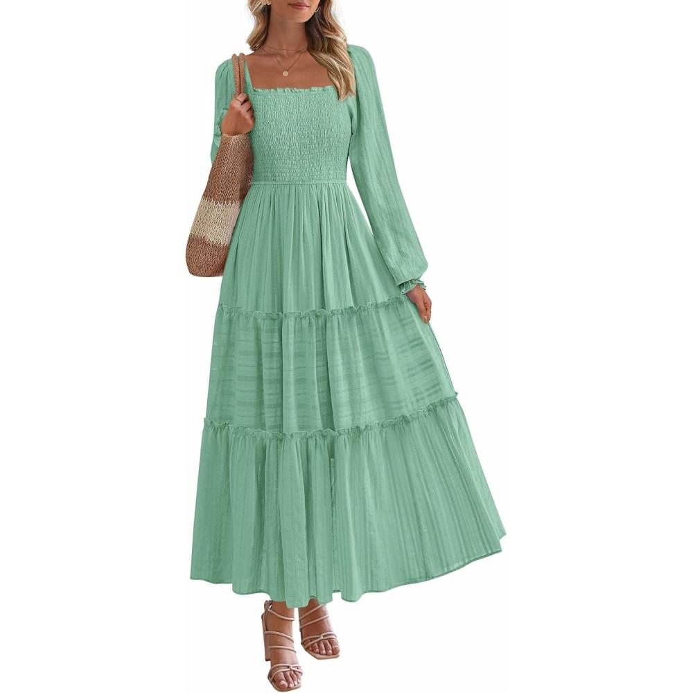 imagePRETTYGARDEN Fall Dresses for Women 2025 Casual Long Sleeve Smocked Ruffle Flowy Elegant Wedding Guest Maxi Dress PocketsSage Green