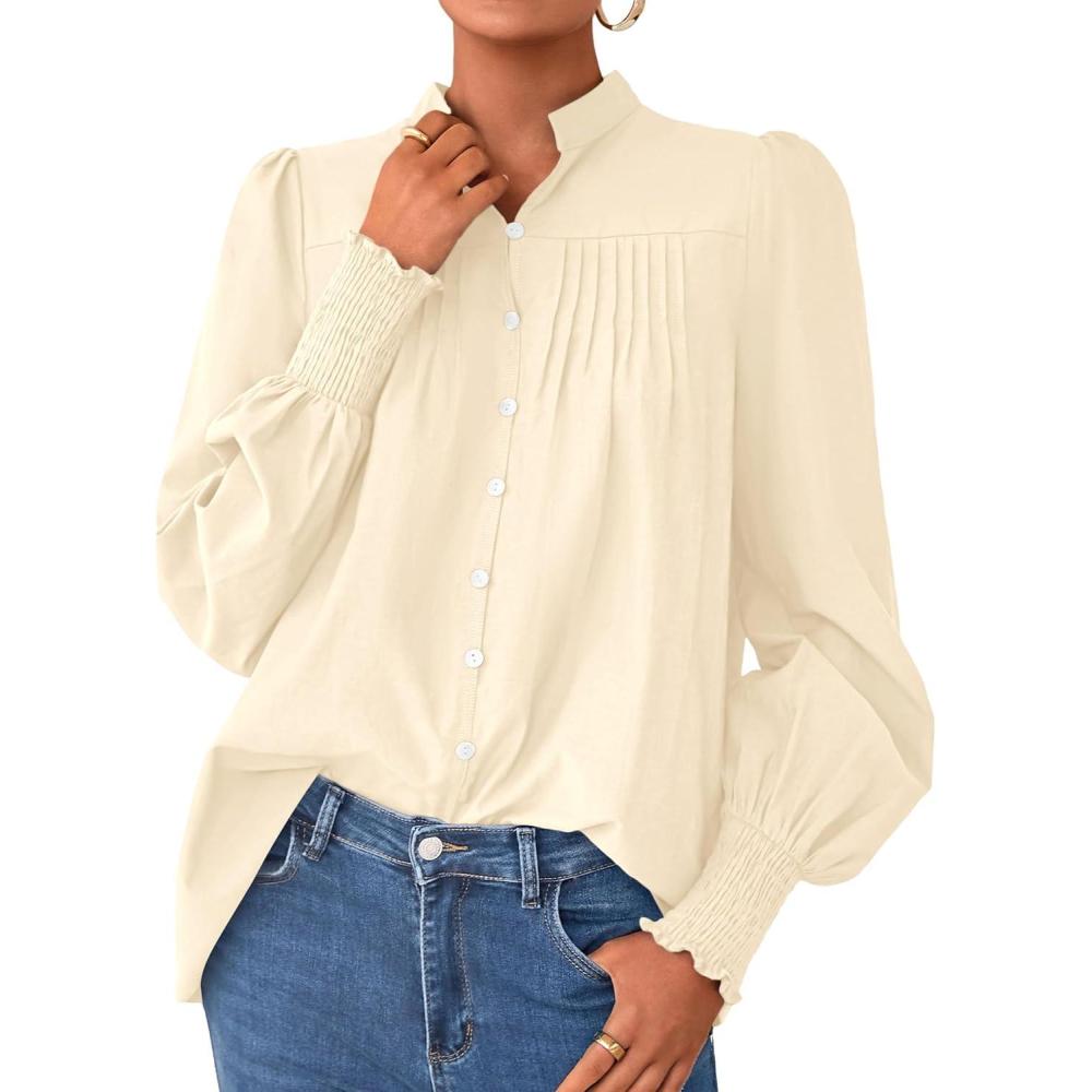 imagePRETTYGARDEN Fall Lantern Long Sleeve Shirts for Women 2025 Trendy Button Vneck Pullover Henley Tops Dressy Work BlousesBeige