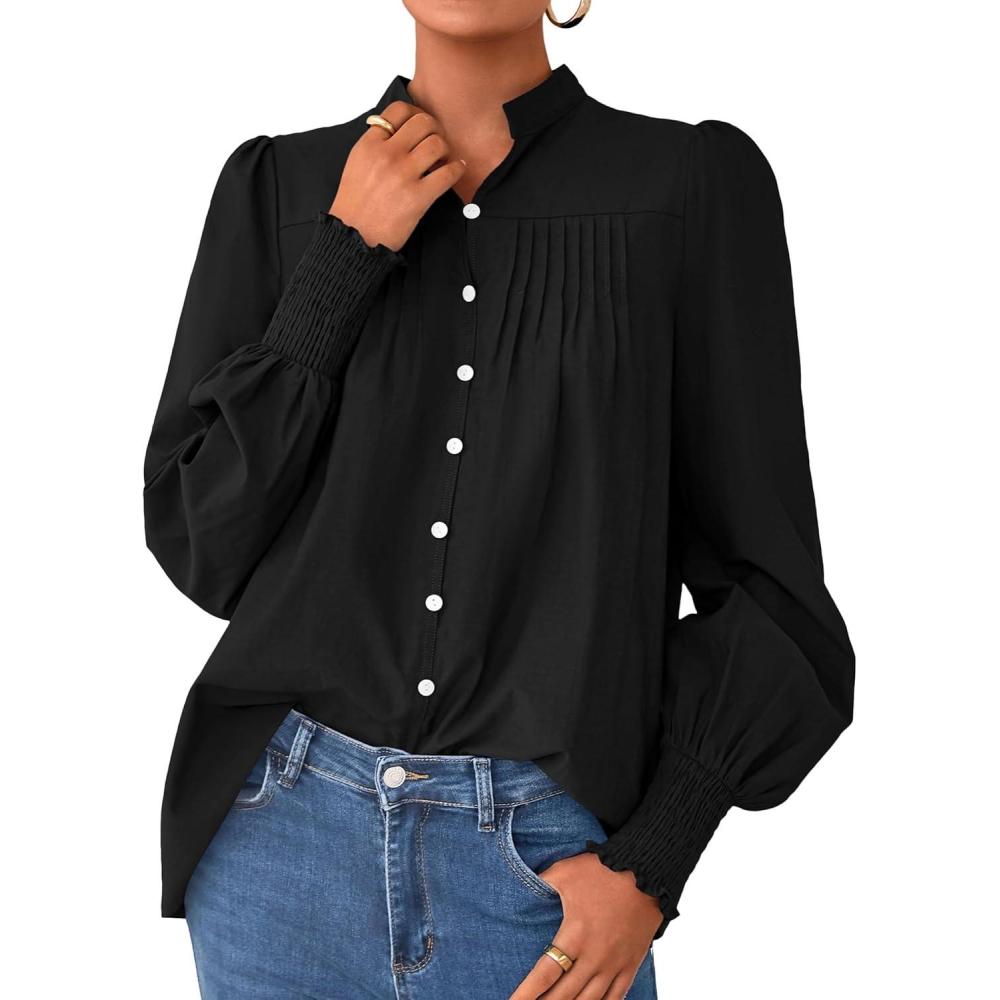 imagePRETTYGARDEN Fall Lantern Long Sleeve Shirts for Women 2025 Trendy Button Vneck Pullover Henley Tops Dressy Work BlousesBlack