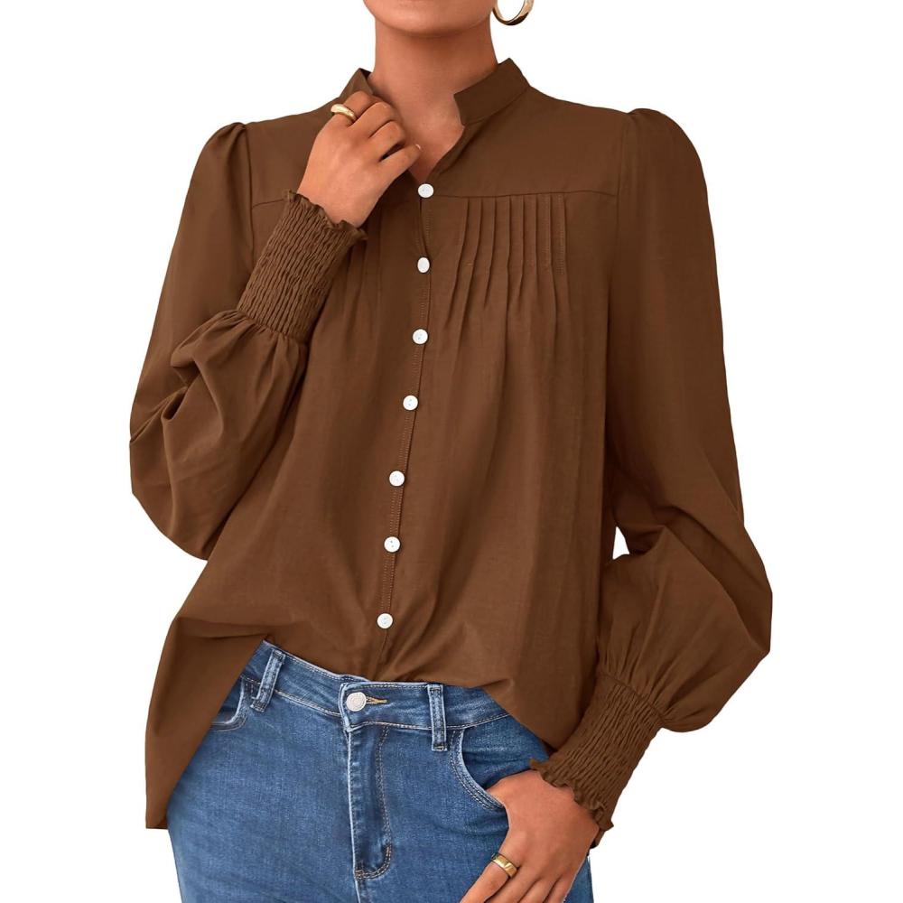 imagePRETTYGARDEN Fall Lantern Long Sleeve Shirts for Women 2025 Trendy Button Vneck Pullover Henley Tops Dressy Work BlousesBrown
