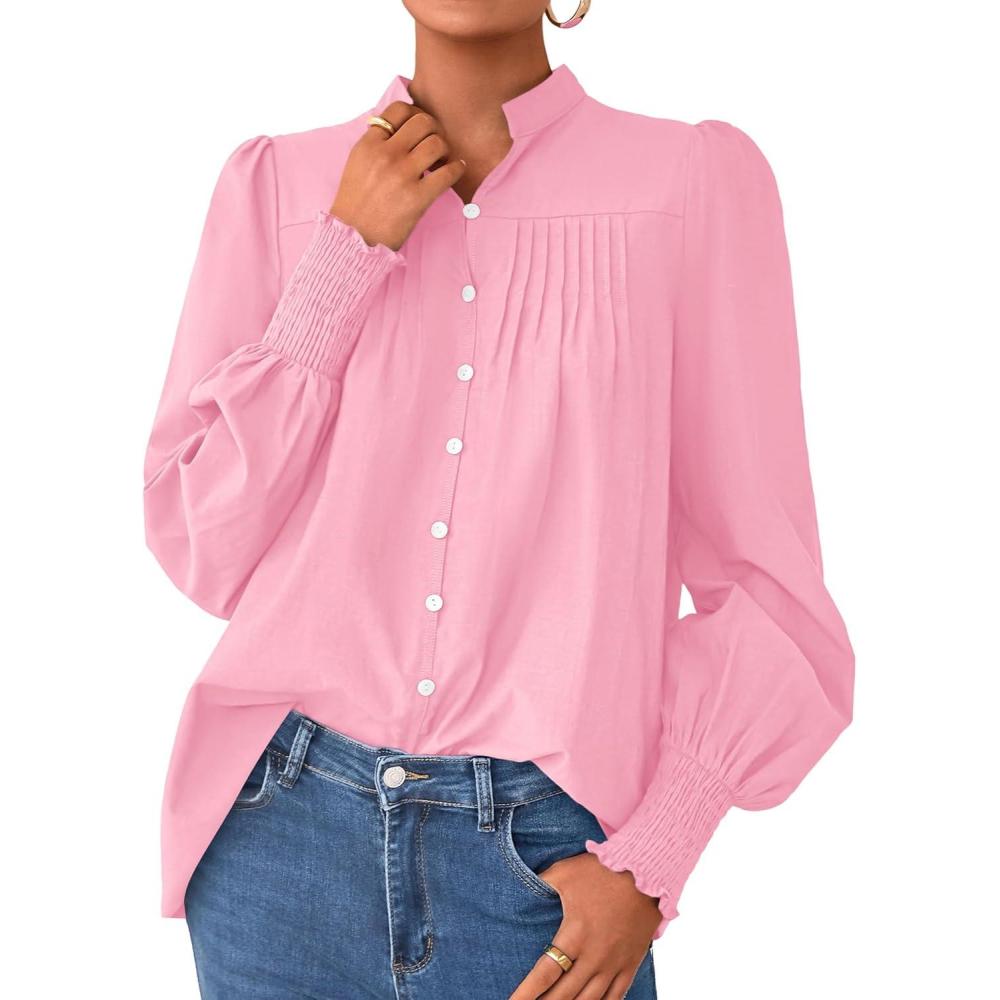 imagePRETTYGARDEN Fall Lantern Long Sleeve Shirts for Women 2025 Trendy Button Vneck Pullover Henley Tops Dressy Work BlousesPink