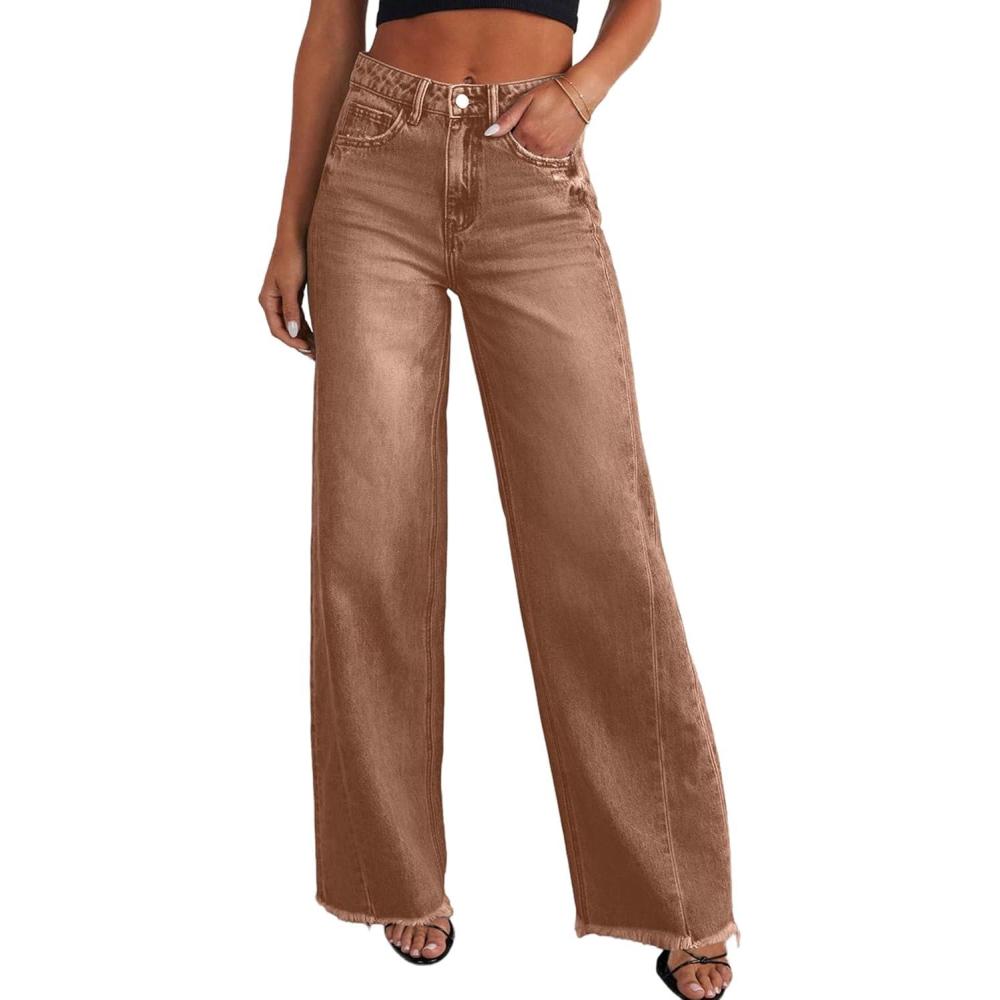 imagePRETTYGARDEN Wide Leg Jeans for Women Trendy 2025 High Waisted Stretchy Baggy Raw Hem Denim Palazzo Pants with PocketsBrown
