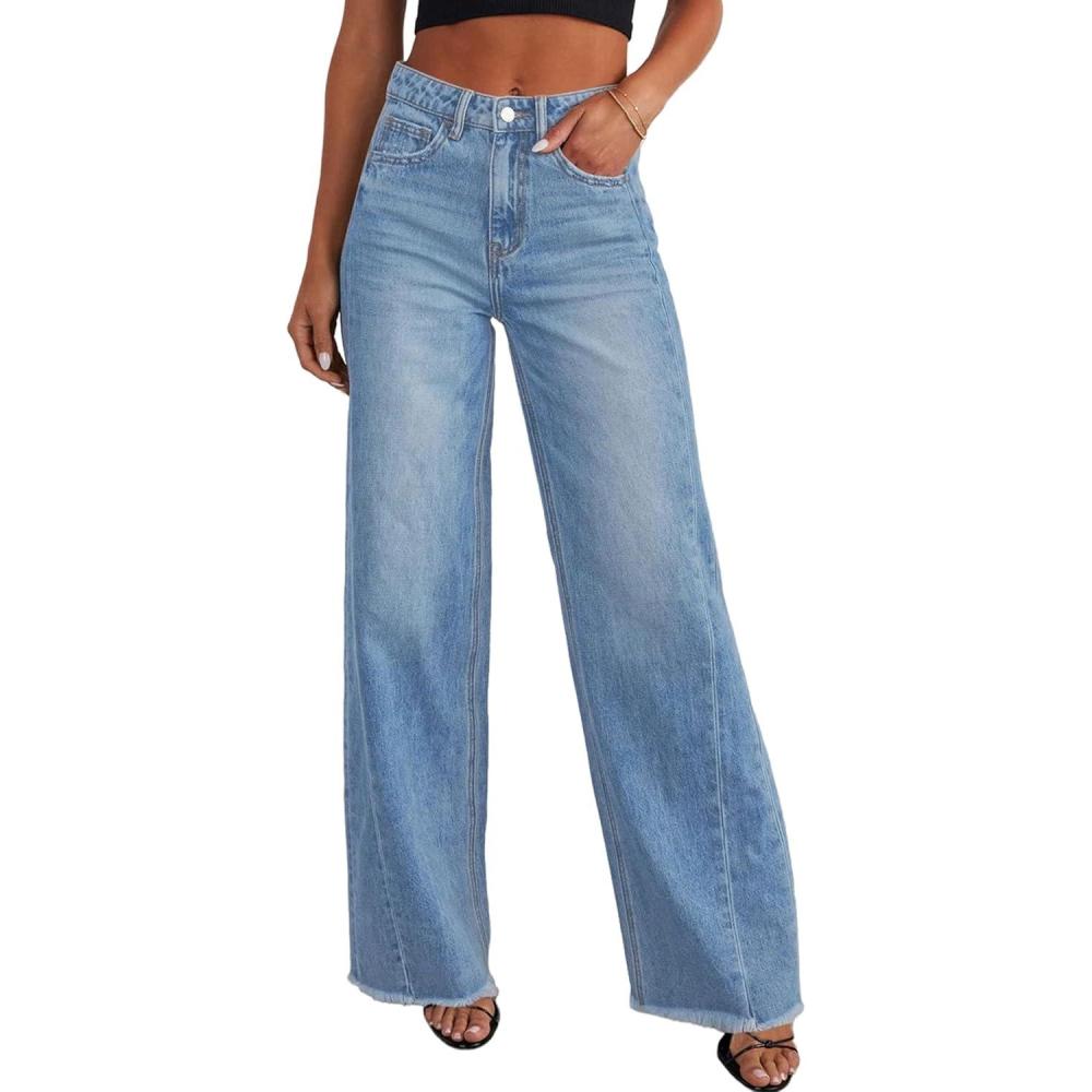 imagePRETTYGARDEN Wide Leg Jeans for Women Trendy 2025 High Waisted Stretchy Baggy Raw Hem Denim Palazzo Pants with PocketsLight Blue