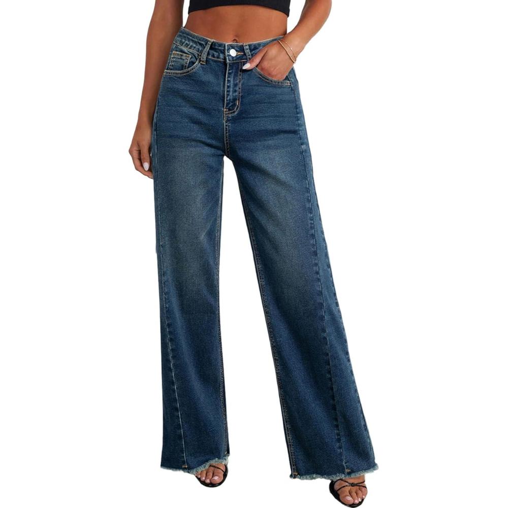 imagePRETTYGARDEN Wide Leg Jeans for Women Trendy 2025 High Waisted Stretchy Baggy Raw Hem Denim Palazzo Pants with PocketsVintage Blue