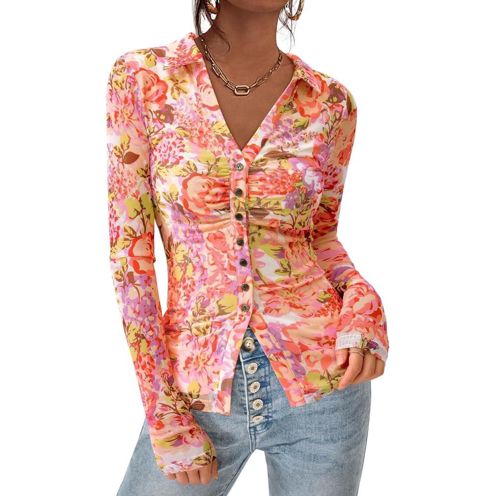 imagePRETTYGARDEN Women Button Down Floral Shirts 2025 Fall Trendy Long Sleeve V Neck Ruched Fitted Mesh Blouse Tops Date OutfitsRed Pink