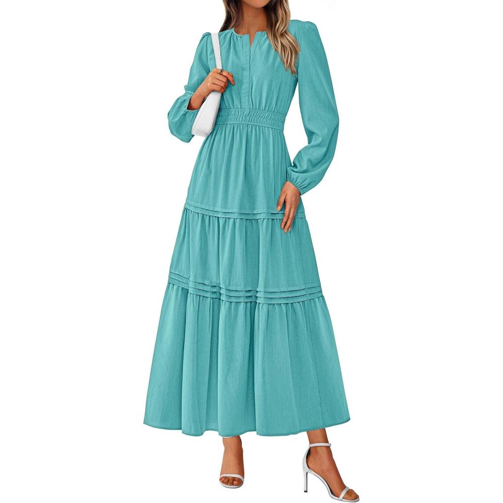 imagePRETTYGARDEN Womens 2025 Elegant Maxi Dresses Long Sleeve V Neck Flowy Pockets Casual Modest Dress Fall Fashion ClothesAqua Green