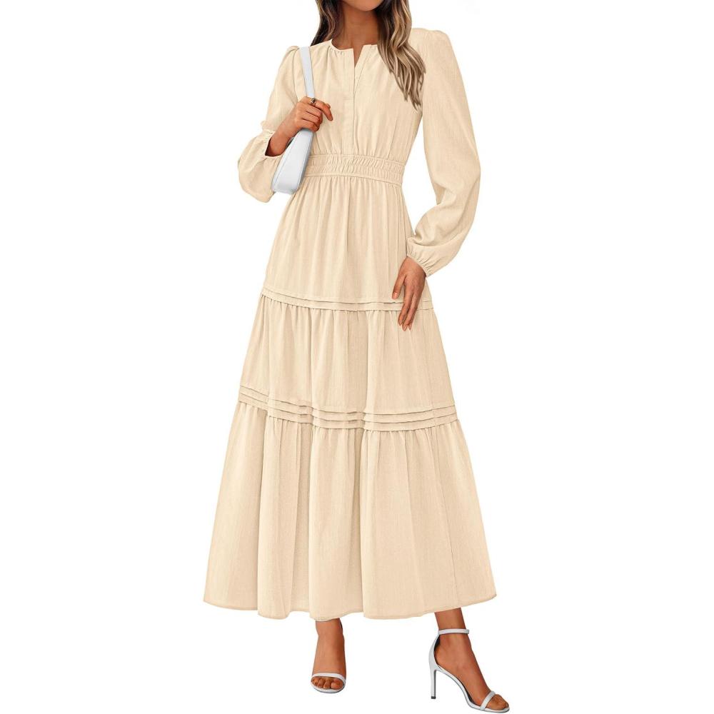 imagePRETTYGARDEN Womens 2025 Elegant Maxi Dresses Long Sleeve V Neck Flowy Pockets Casual Modest Dress Fall Fashion ClothesBeige