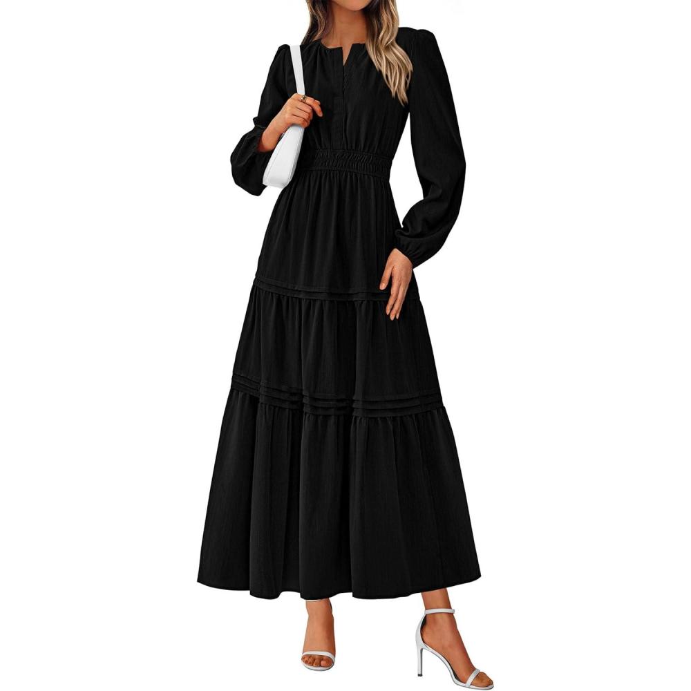 imagePRETTYGARDEN Womens 2025 Elegant Maxi Dresses Long Sleeve V Neck Flowy Pockets Casual Modest Dress Fall Fashion ClothesBlack