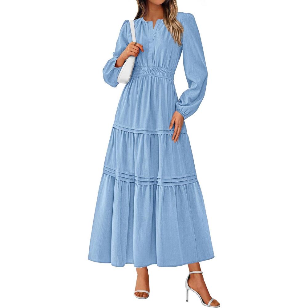 imagePRETTYGARDEN Womens 2025 Elegant Maxi Dresses Long Sleeve V Neck Flowy Pockets Casual Modest Dress Fall Fashion ClothesLight Blue