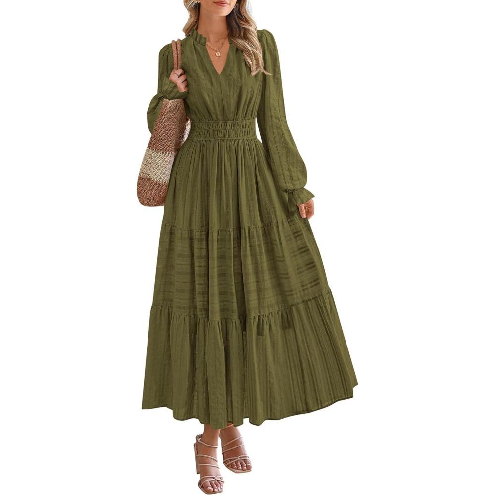 imagePRETTYGARDEN Womens 2025 Fall Wedding Guest Dresses Long Sleeve V Neck Flowy Elegant Holiday Party Maxi Dress with PocketsArmy Green