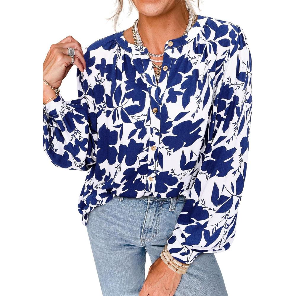 imagePRETTYGARDEN Womens Floral Button Down Blouse 2025 Fall Fashion Dressy Casual Long Sleeve Oversized Shirts Top Boho ClothesWhite Blue Floral
