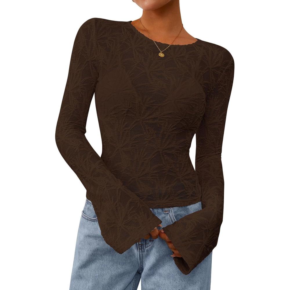 imagePRETTYGARDEN Womens Lace Long Bell Sleeve Tops 2025 Fall Sexy See Through Sheer Floral Blouse Shirt Fitted Going Out OutfitsBrown