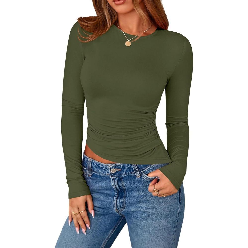 imagePRETTYGARDEN Womens Long Sleeve Shirts 2025 Fall Trendy Crewneck Slim Fit Asymmetrical Going Out Tops Ruched Tee Y2k ClothesArmy Green