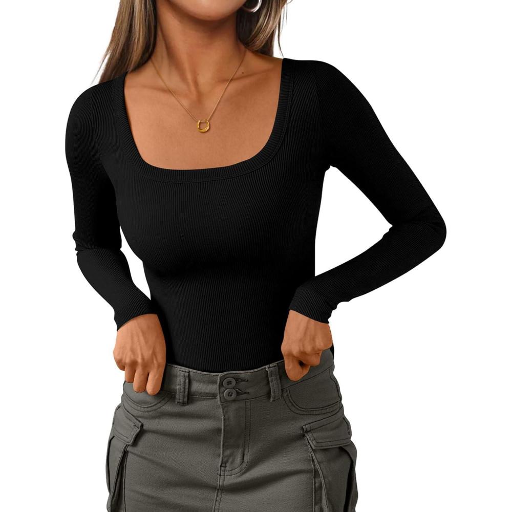 imagePRETTYGARDEN Womens Long Sleeve Tops Fall Clothes 2025 Scoop Neck Ribbed Knit Basic Tees Shirts Going Out Trendy OutfitsBlack
