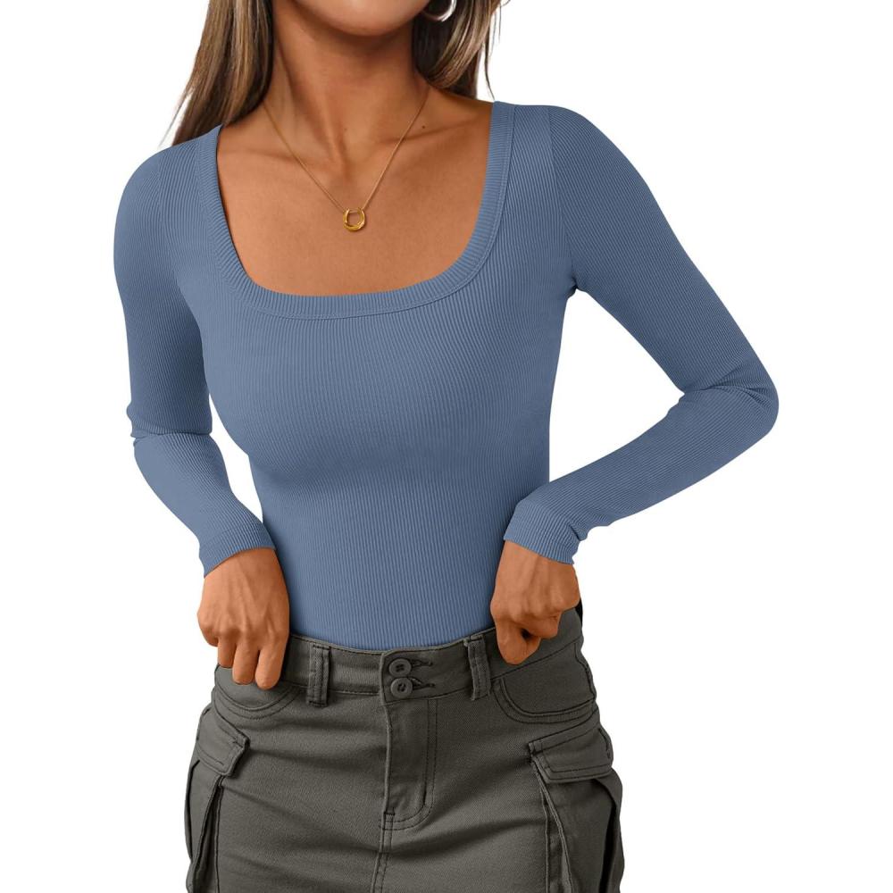 imagePRETTYGARDEN Womens Long Sleeve Tops Fall Clothes 2025 Scoop Neck Ribbed Knit Basic Tees Shirts Going Out Trendy OutfitsBlue Grey