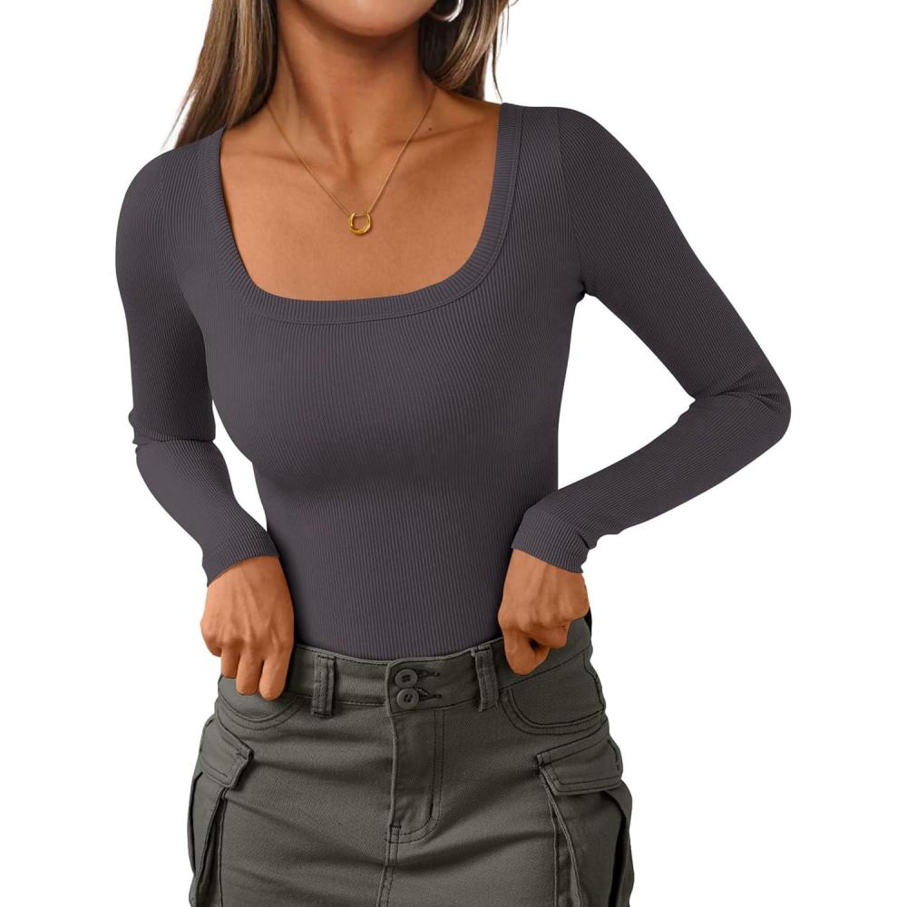 imagePRETTYGARDEN Womens Long Sleeve Tops Fall Clothes 2025 Scoop Neck Ribbed Knit Basic Tees Shirts Going Out Trendy OutfitsDark Grey