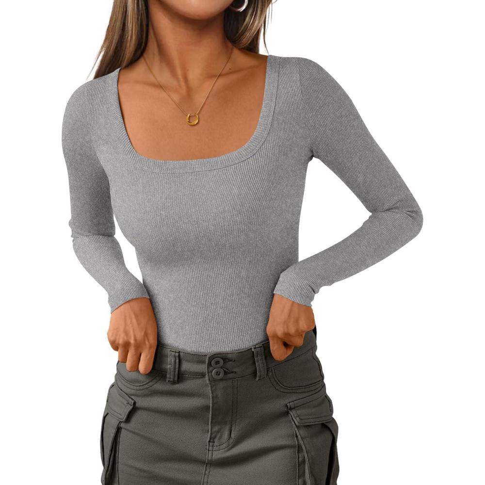 imagePRETTYGARDEN Womens Long Sleeve Tops Fall Clothes 2025 Scoop Neck Ribbed Knit Basic Tees Shirts Going Out Trendy OutfitsGrey