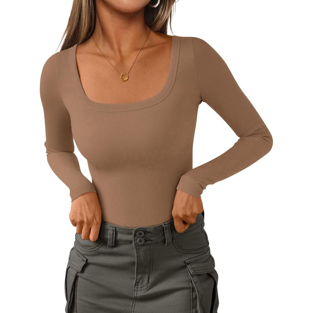 imagePRETTYGARDEN Womens Long Sleeve Tops Fall Clothes 2025 Scoop Neck Ribbed Knit Basic Tees Shirts Going Out Trendy OutfitsLight Khaki