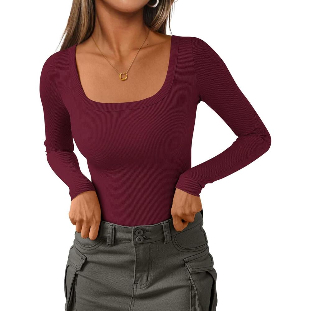 imagePRETTYGARDEN Womens Long Sleeve Tops Fall Clothes 2025 Scoop Neck Ribbed Knit Basic Tees Shirts Going Out Trendy OutfitsWine Red