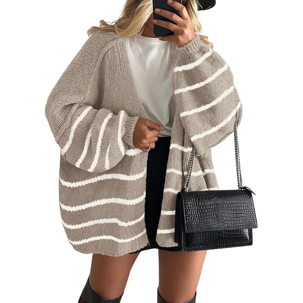 imagePRETTYGARDEN Womens Oversized Cardigan Sweaters 2025 Fall Long Lantern Sleeve Knit Open Front Lightweight SweaterStriped Khaki