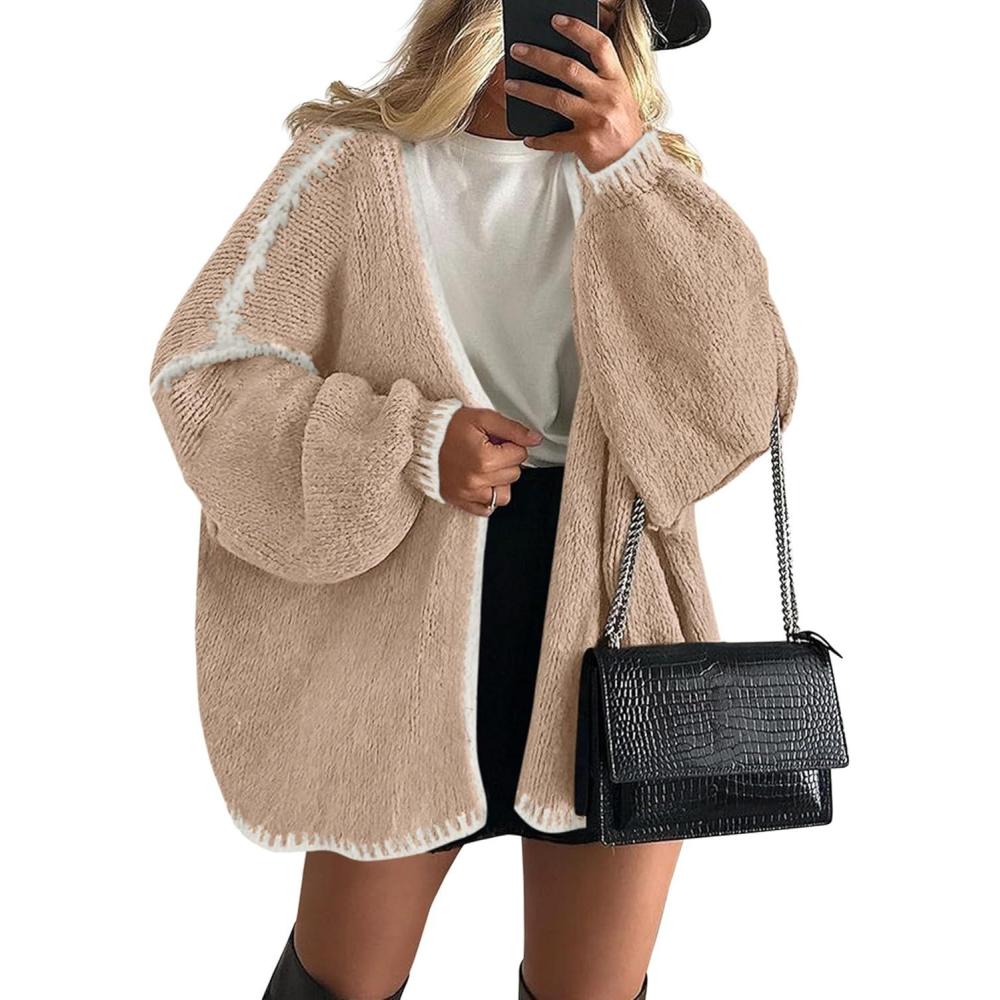 imagePRETTYGARDEN Womens Oversized Cardigan Sweaters 2025 Fall Long Lantern Sleeve Knit Open Front Lightweight SweaterStyle2camel