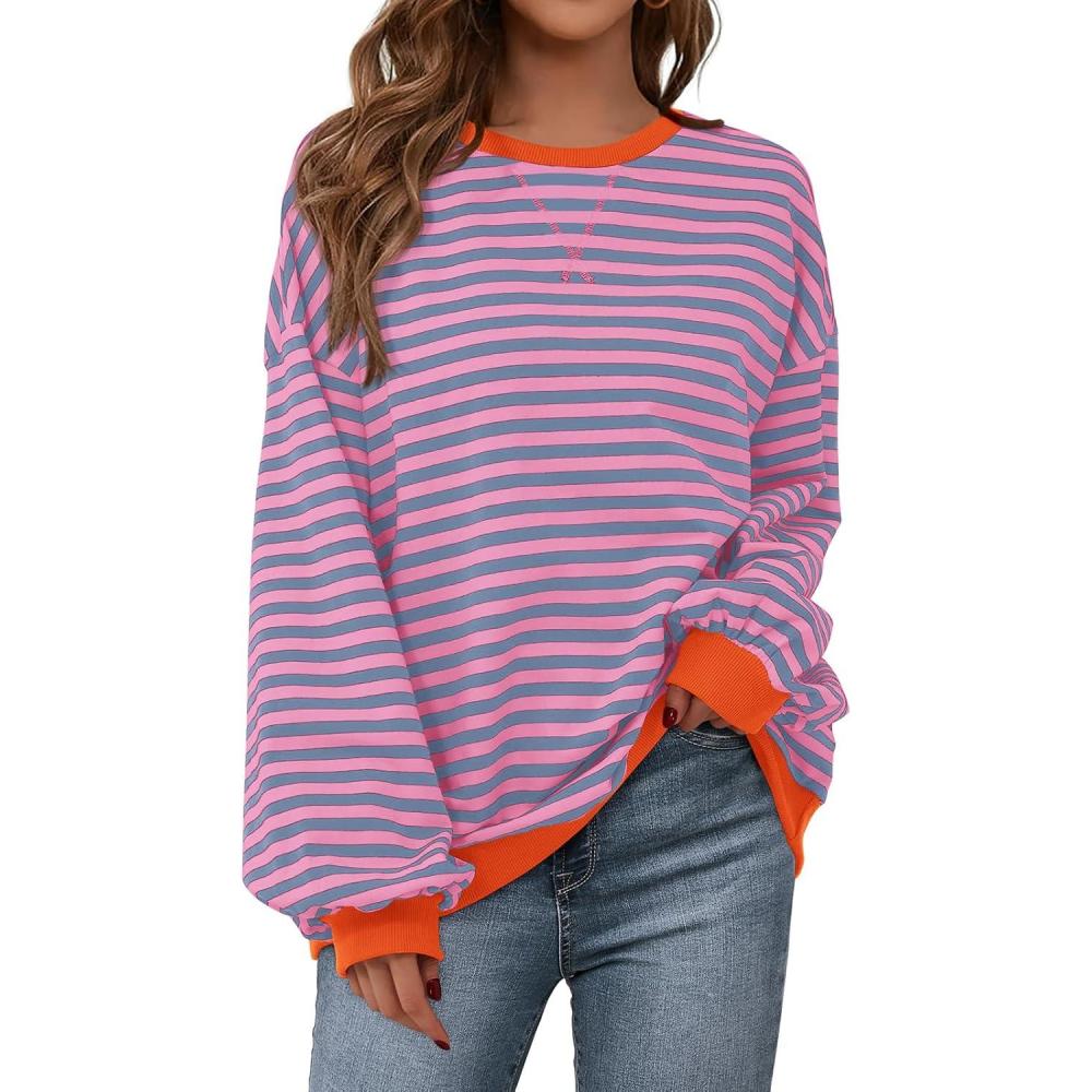 imagePRETTYGARDEN Womens Striped Oversized Sweatshirt Color Block Crew Neck Long Sleeve Casual Loose Pullover Top Y2K ClothesRose Red Grey Blue