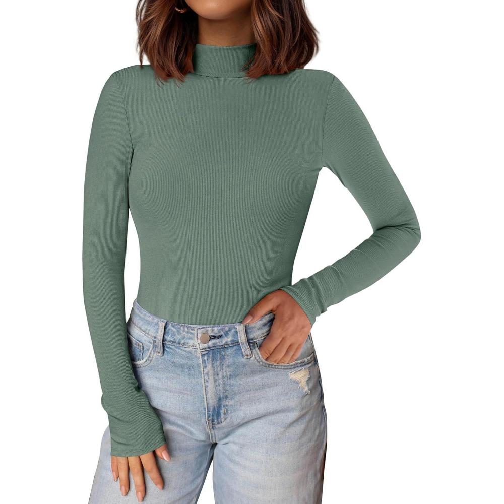 imagePRETTYGARDEN Womens Turtleneck Long Sleeve Shirts 2025 Fall Basic Tees Ribbed Fitted Tops Thermal Layering Knit Top ClothesGrey Green