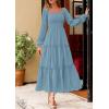 imagePRETTYGARDEN Fall Dresses for Women 2025 Casual Long Sleeve Smocked Ruffle Flowy Elegant Wedding Guest Maxi Dress PocketsDusty Blue
