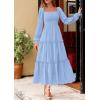 imagePRETTYGARDEN Fall Dresses for Women 2025 Casual Long Sleeve Smocked Ruffle Flowy Elegant Wedding Guest Maxi Dress PocketsLight Blue