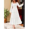imagePRETTYGARDEN Fall Dresses for Women 2025 Casual Long Sleeve Smocked Ruffle Flowy Elegant Wedding Guest Maxi Dress PocketsWhite