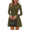 imagePRETTYGARDEN Long Sleeve Mini Dress for Women 2025 Fall Crewneck Knit Pleated Babydoll A Line Soft Casual Short Party DressesArmy Green