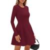 imagePRETTYGARDEN Long Sleeve Mini Dress for Women 2025 Fall Crewneck Knit Pleated Babydoll A Line Soft Casual Short Party DressesWine Red