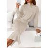 imagePRETTYGARDEN Turtle Neck Dresses for Women 2025 Fall Knit Outfits Slit Elastic Waist Long Sleeve Bodycon Midi Sweater DressOatmeal