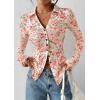 imagePRETTYGARDEN Women Button Down Floral Shirts 2025 Fall Trendy Long Sleeve V Neck Ruched Fitted Mesh Blouse Tops Date OutfitsWhite Pink Floral
