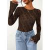 imagePRETTYGARDEN Womens Lace Long Bell Sleeve Tops 2025 Fall Sexy See Through Sheer Floral Blouse Shirt Fitted Going Out OutfitsBrown