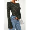 imagePRETTYGARDEN Womens Lace Long Bell Sleeve Tops 2025 Fall Sexy See Through Sheer Floral Blouse Shirt Fitted Going Out OutfitsDark Green
