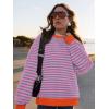 imagePRETTYGARDEN Womens Striped Oversized Sweatshirt Color Block Crew Neck Long Sleeve Casual Loose Pullover Top Y2K ClothesRose Red Grey Blue