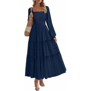 imagePRETTYGARDEN Fall Dresses for Women 2025 Casual Long Sleeve Smocked Ruffle Flowy Elegant Wedding Guest Maxi Dress PocketsNavy Blue