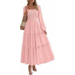 imagePRETTYGARDEN Fall Dresses for Women 2025 Casual Long Sleeve Smocked Ruffle Flowy Elegant Wedding Guest Maxi Dress PocketsPink